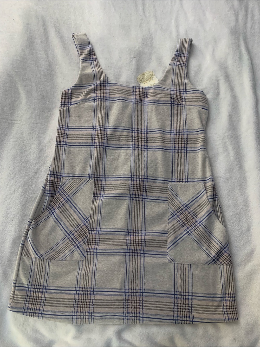 Altar’d State NWT Plaid Square-Neck Pinafore Dress in Light Gray, Blue & Pink L - Picture 9 of 16